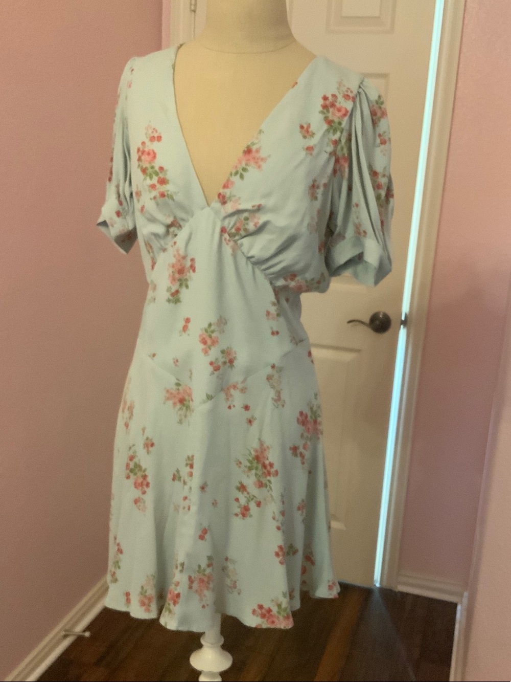 Reformation Lightgeen/  Blue Floral Wrap Dress with Pink Blossoms